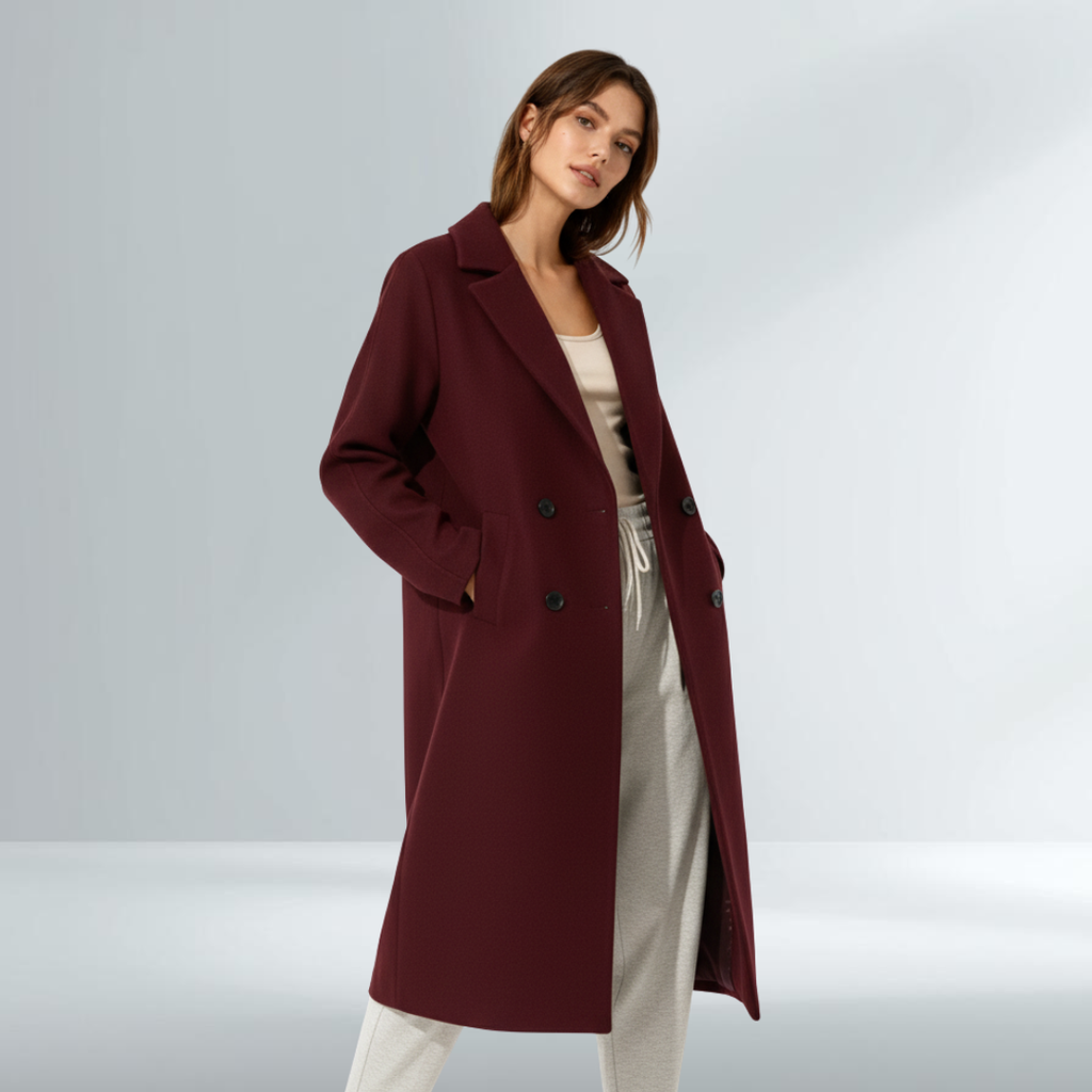 Cappotto Donna Bordeaux Elegante Doppio Petto