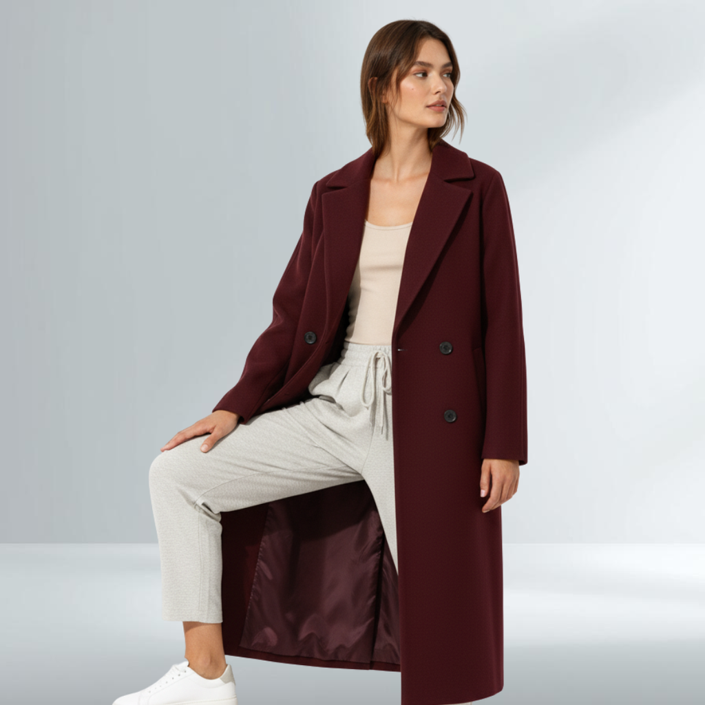 Cappotto Donna Bordeaux Elegante Doppio Petto